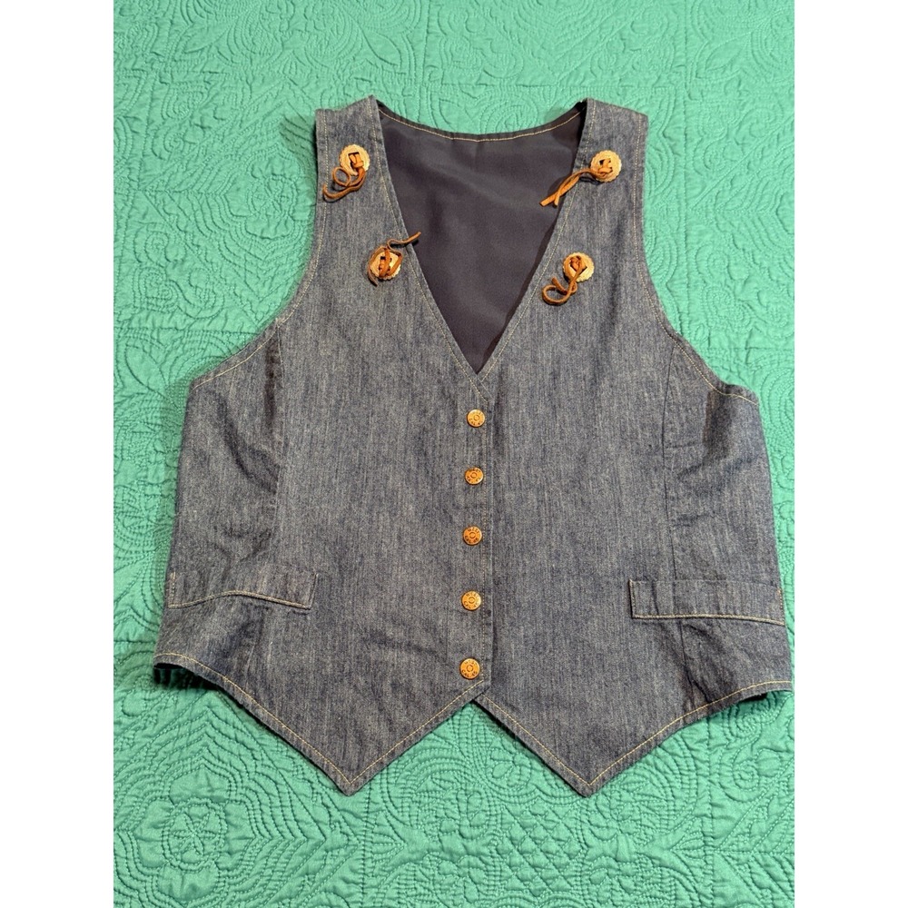 Vintage Western Denim Vest Womens Blue Jean Lace Up Cowboy Rodeo Size L
